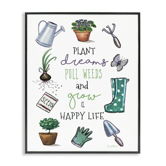Stupell Industries Grow a Happy Life Botanical & Floral Painting Black Framed Art Print Wall Art, 11 x 14