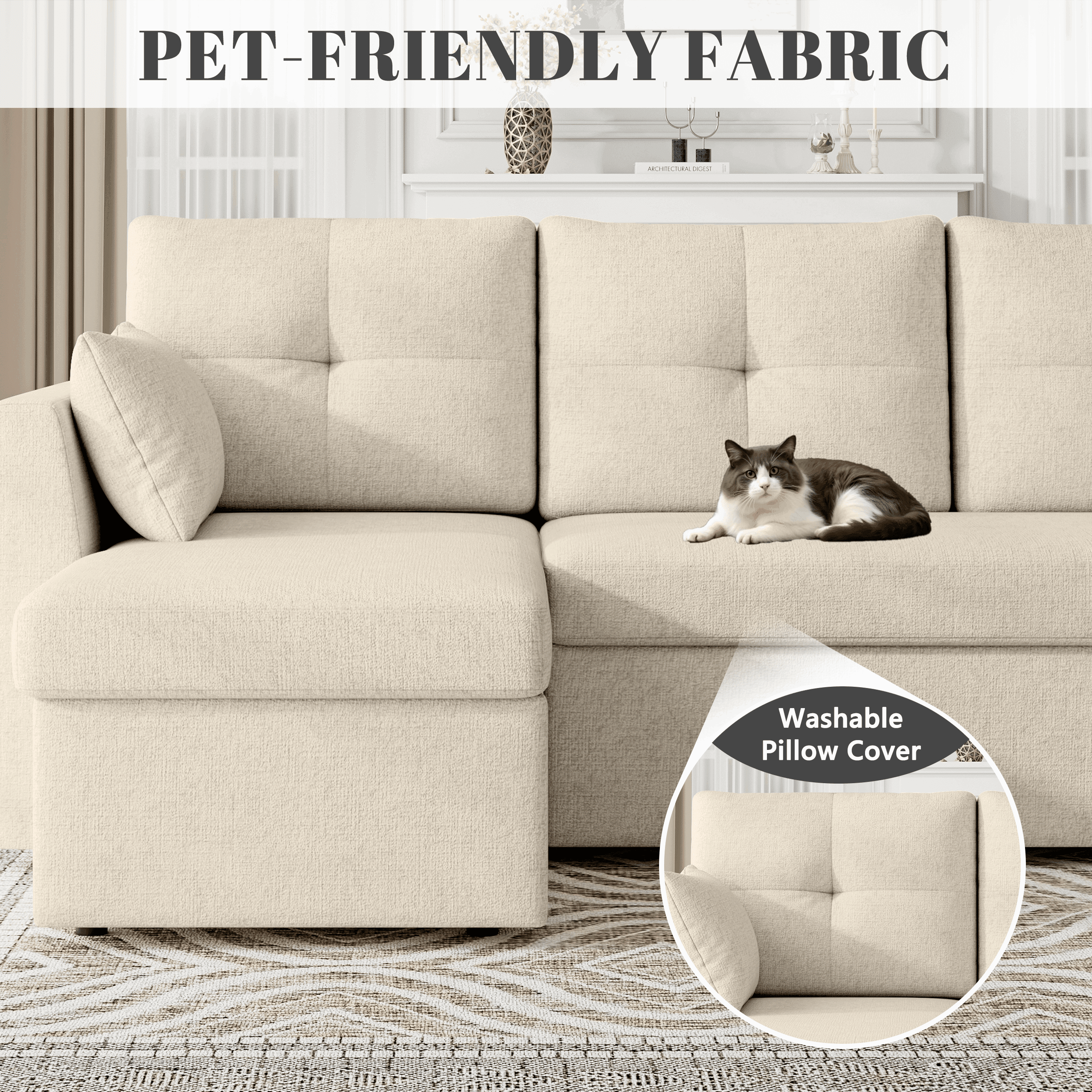 Mangodan Sectional Sleeper Sofa Couch, 2 in 1 Pullout Couch  Sleeper Sofa Bed with Storage Chaise, Side Pocket, Beige