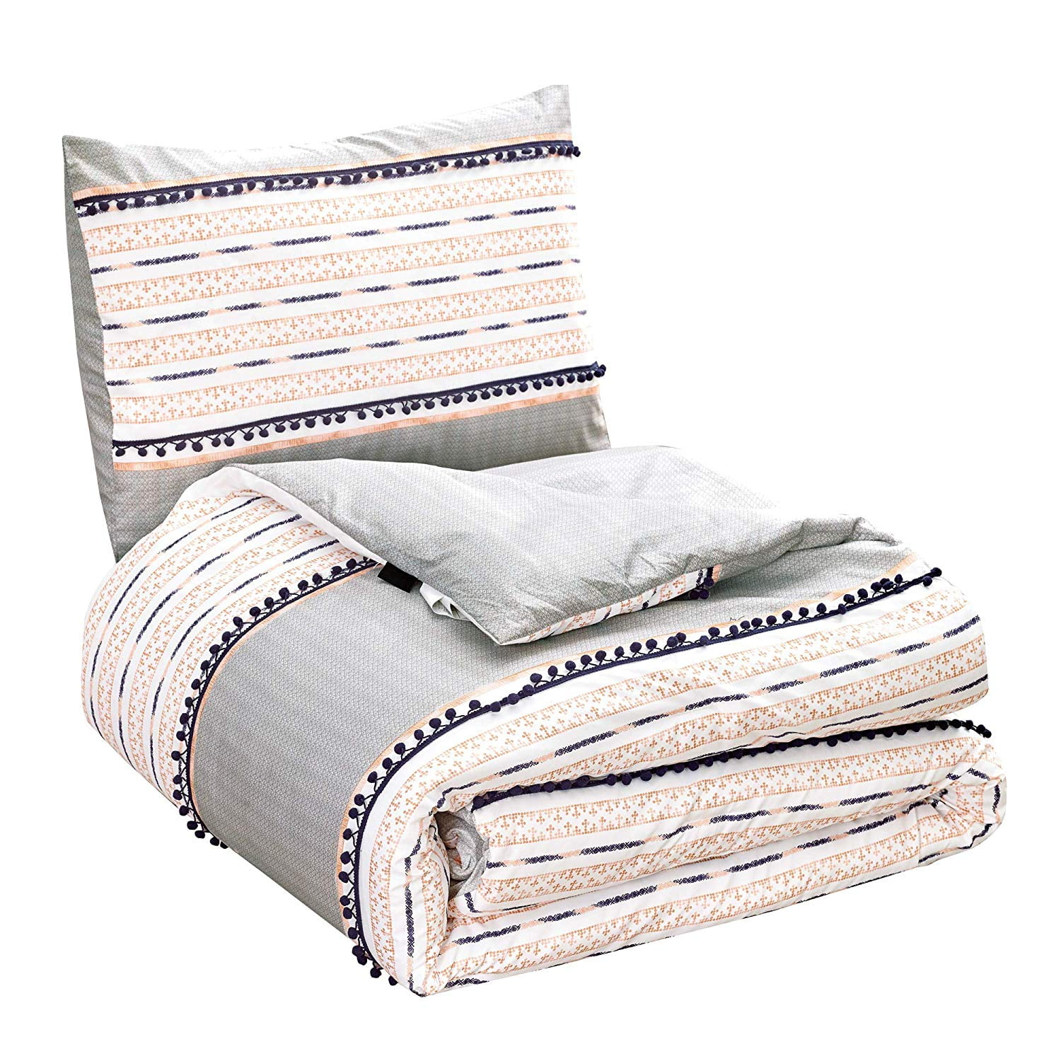 2 Piece Beige Grey Comforter with Poms Fringe Goose Down Alternative Set Twin Size Bedding Includes Pillow Sham case Bedroom Dorm Room- Frencesca (Twin) - Walmart.com