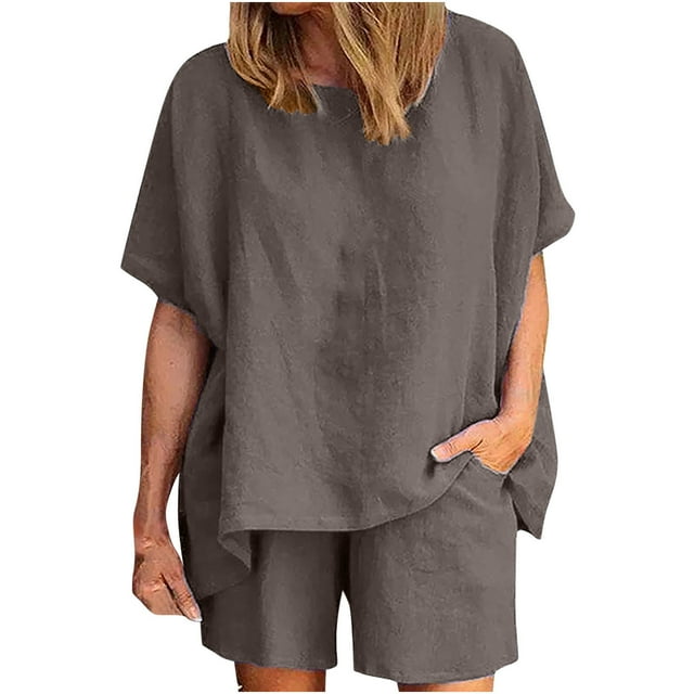 Yuyuzo Femmes 2 Pièces Ensemble Lin Manches Courtes Pull Col Rond Haut Oversize Taille Haute Court avec Poches