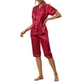 thumbnail image 4 of INSPIRE CHIC Ensembles de Pyjamas en Satin pour Femmes Manches Courtes Hauts à Boutons avec Pantalons Capri 2 Pcs Tenue d'Intérieur TP Rouge, 4 of 6