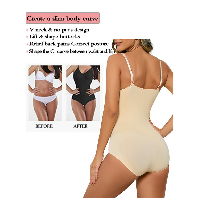 LELINTA Women's Sexy Sleeveless V Neck Bodysuit Tops Women's Firm Control  Body Briefer Shapewear Skinny Top Camisole Corset Bodysuit Size S-XL/Beige