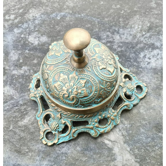 Maritime Treasures Antique Finish Solid Brass Ornate Hotel Front Desk Bell ~ Service Counter Decorative Tabletop Office Working Nautical Bell ~ Gift Item