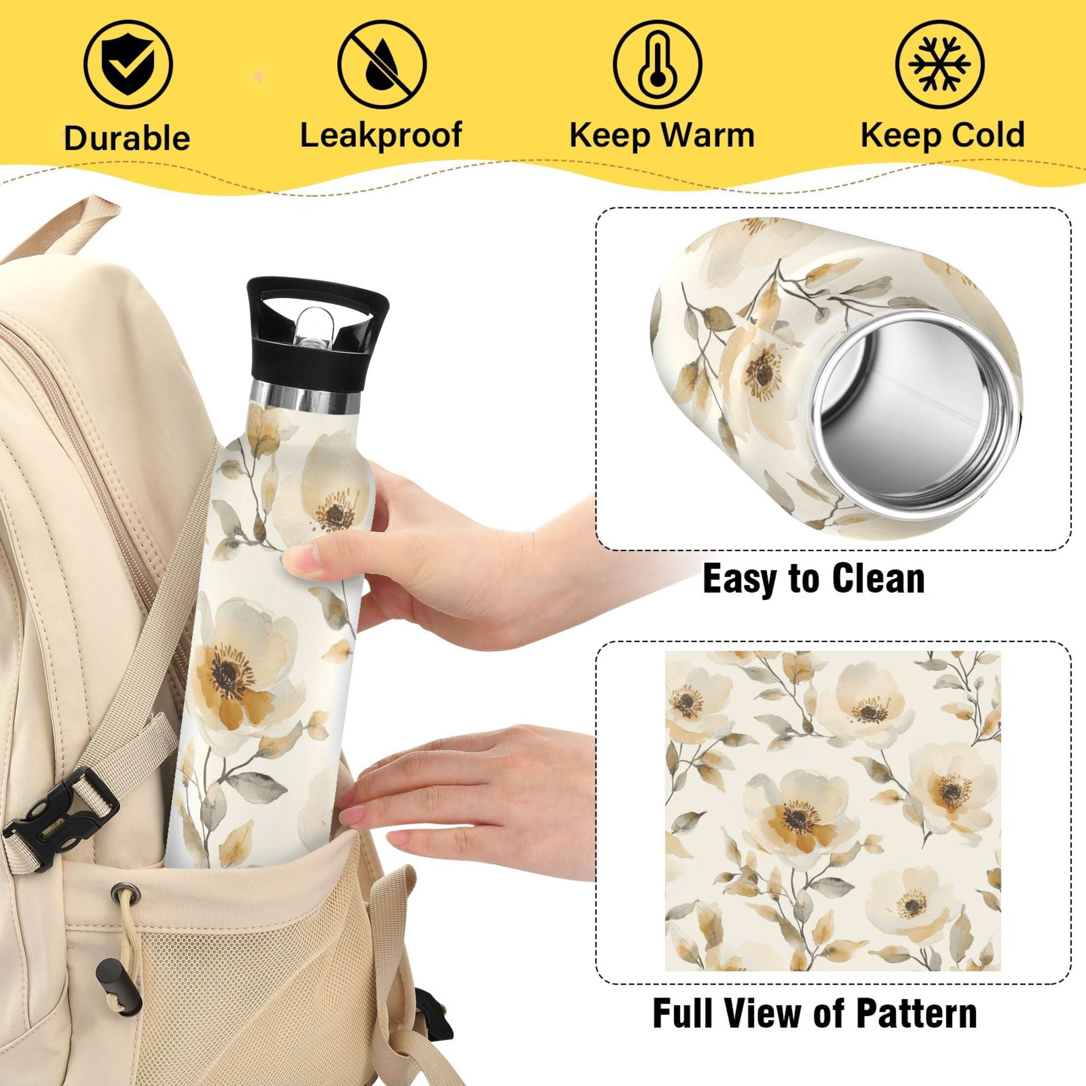 600ML Stainless Steel Insulated Cup Sports Water Bottle Portable Thermos Cup Water Glasses Insulated Tumblers Convenient and Durable Cartoon Cream Flowers Seamless