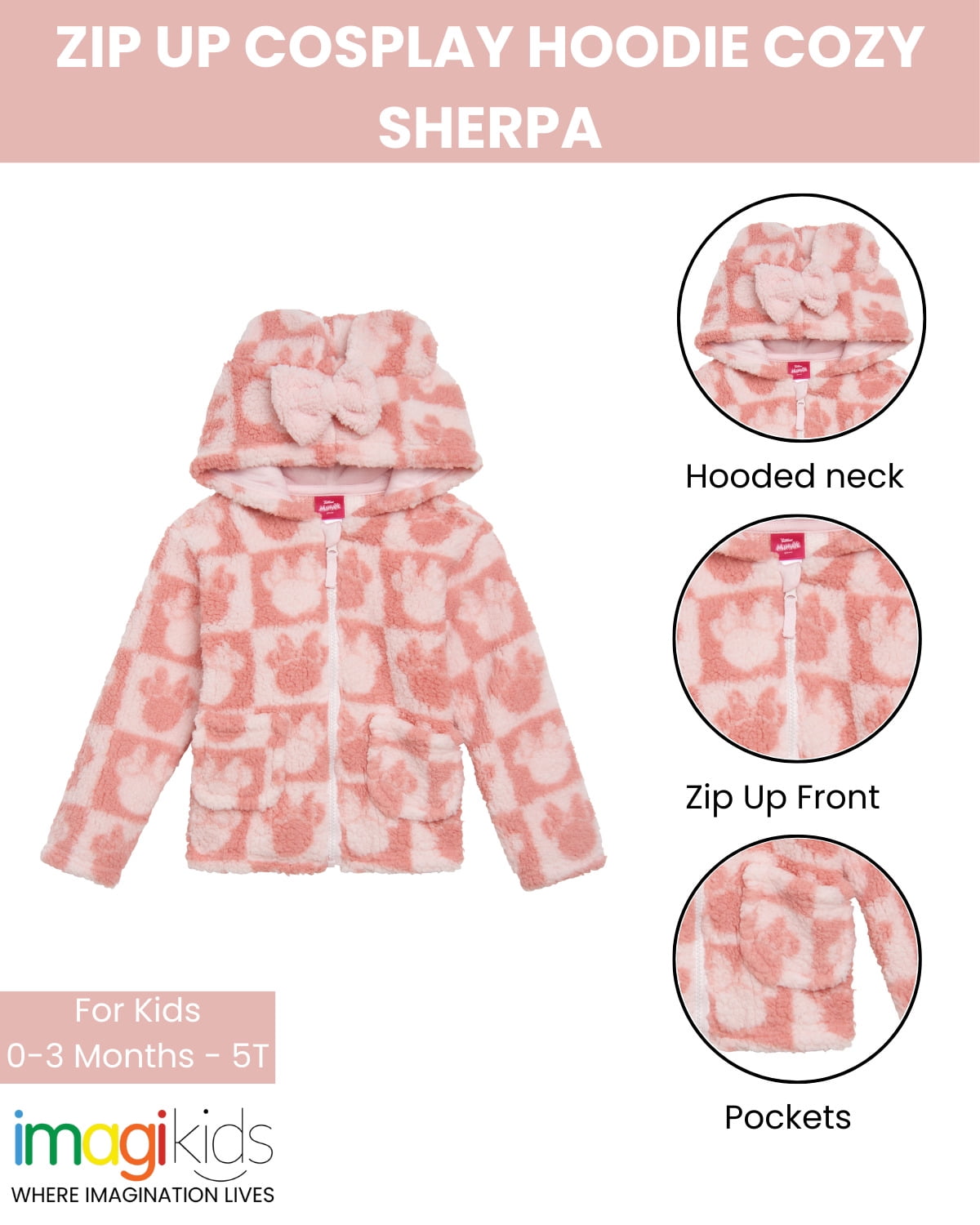 Disney Minnie Mouse Little Girls' Faux Shearling Fleece Zip-Up Hoodie Light Pink