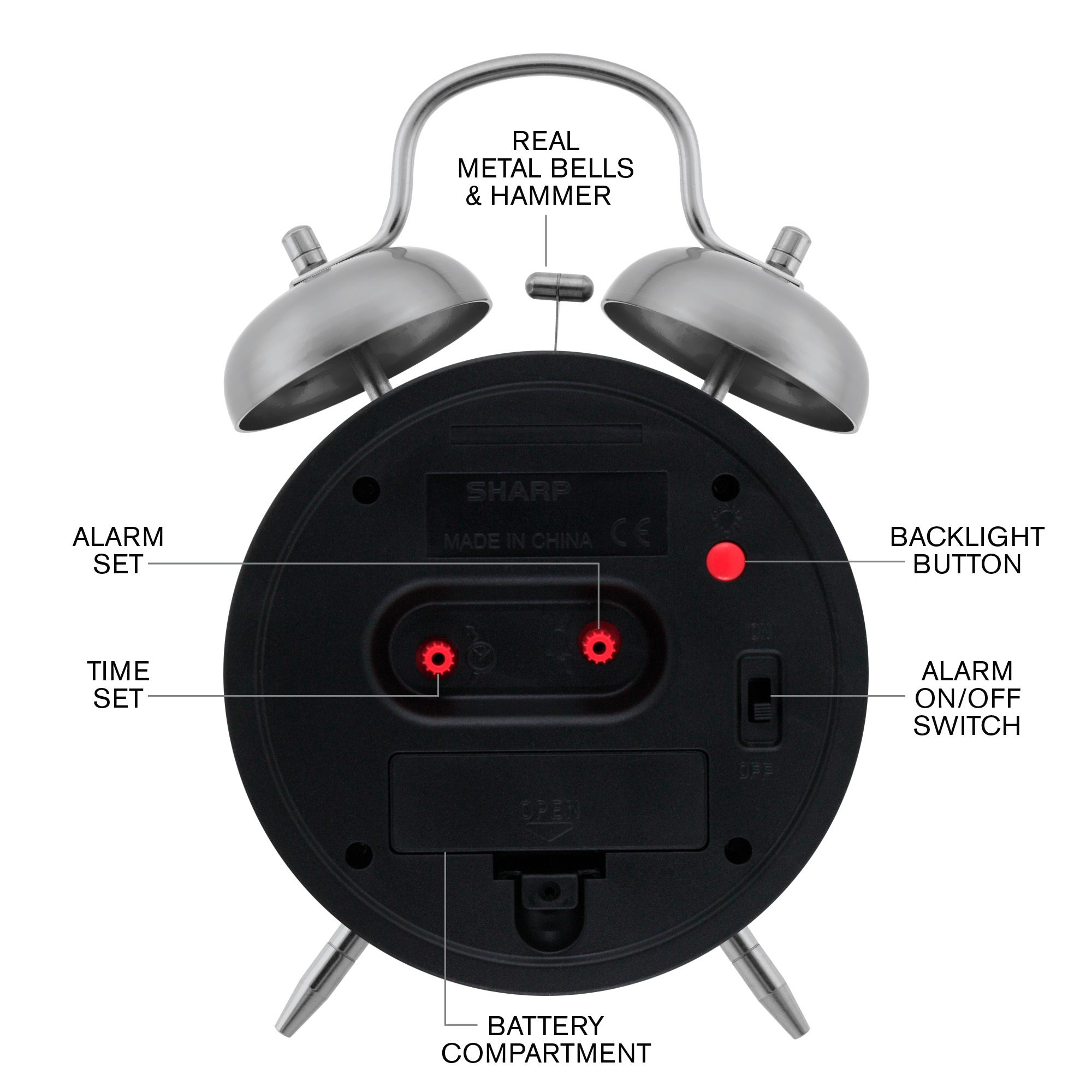 SHARP Twin Bell Quartz Analog Alarm Clock, Silver Brushed Metal, Loud Alarm, Battery Operated - image 2 of 6