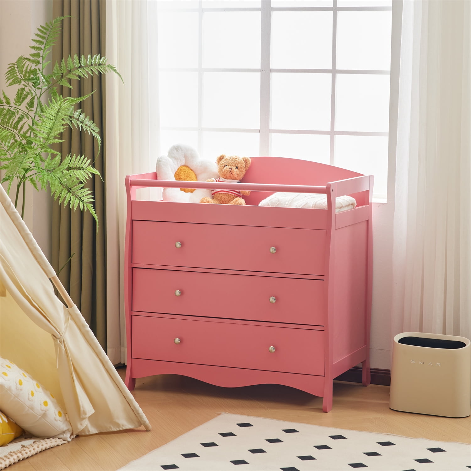 Ktaxon 3 Drawer Changing Table Wood Infant Diaper Changing Station with Drawers Baby Dresser for Nursery Pink
