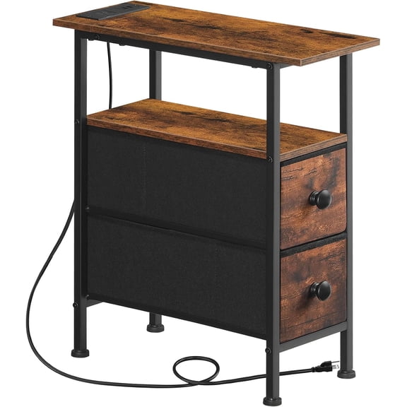 End Table with Charging Station, Narrow Side Table with 2 Fabric Drawers, Skinny Nightstand with Storage, Slim Bedside Table for Living Room, Small Spaces, Rustic Brown and Black