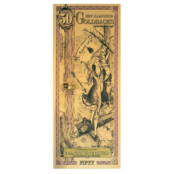 50 New Hampshire Goldback 1/20 oz 24K Gold Foil Aurum Note