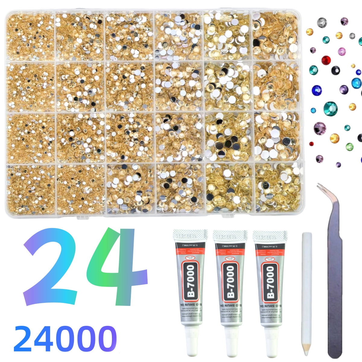 24,000-Pc Resin Rhinestones Kit for Crafting, 3mm Flatback with Storage Box & Tools, for Nail Art, Jewelry, Clothing Decoration (Gold)