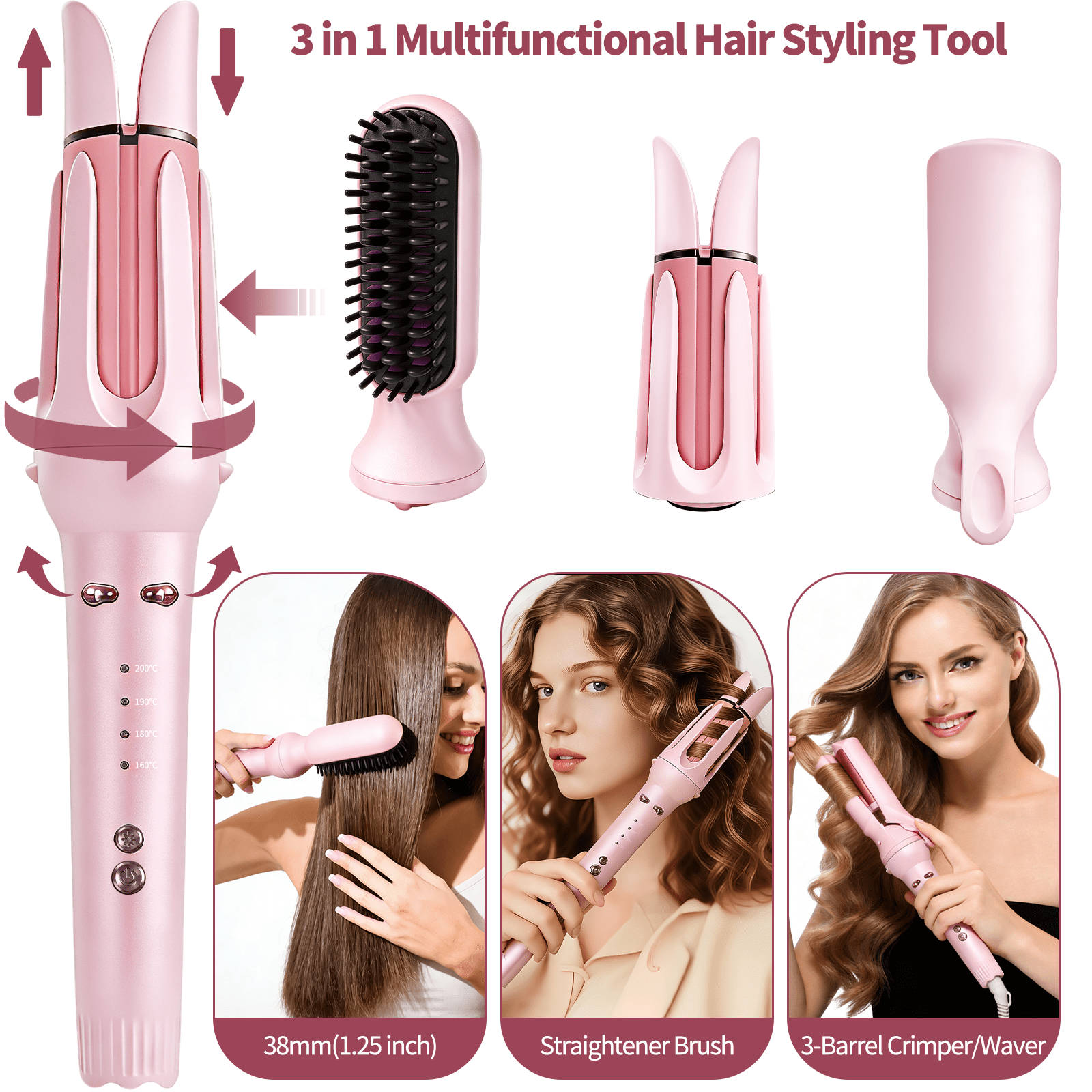 3-in-1 Auto Rotating Curling Iron with Waver & Straightener Brush, Anti-Scald Hair Styler Pink