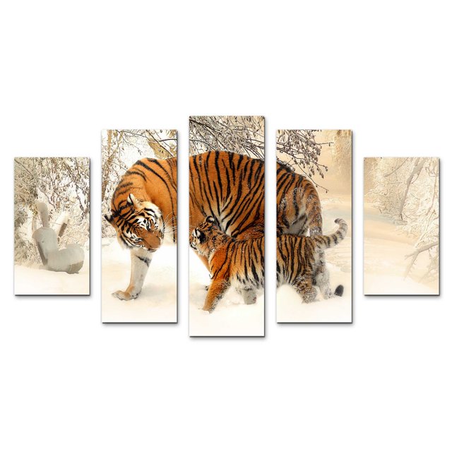 Cuadro decorativo para Sala, Comedor y Recamara, Tigres de Bengala, Mamá e Hijo, Familia, Animales, minimalista, moderno, elegante, juego de 5 piezas