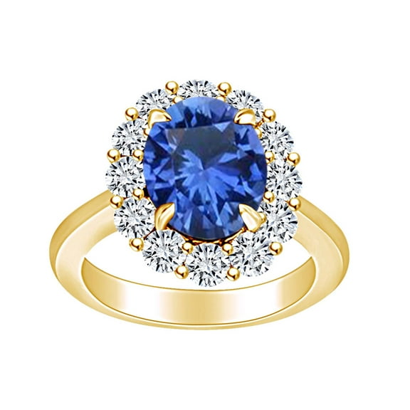 AFFY 7.28 Carat (Cttw) Simulated Blue Sapphire & White Natural Diamond Halo Engagement Ring In 14k Solid Yellow Gold Ring Size-5