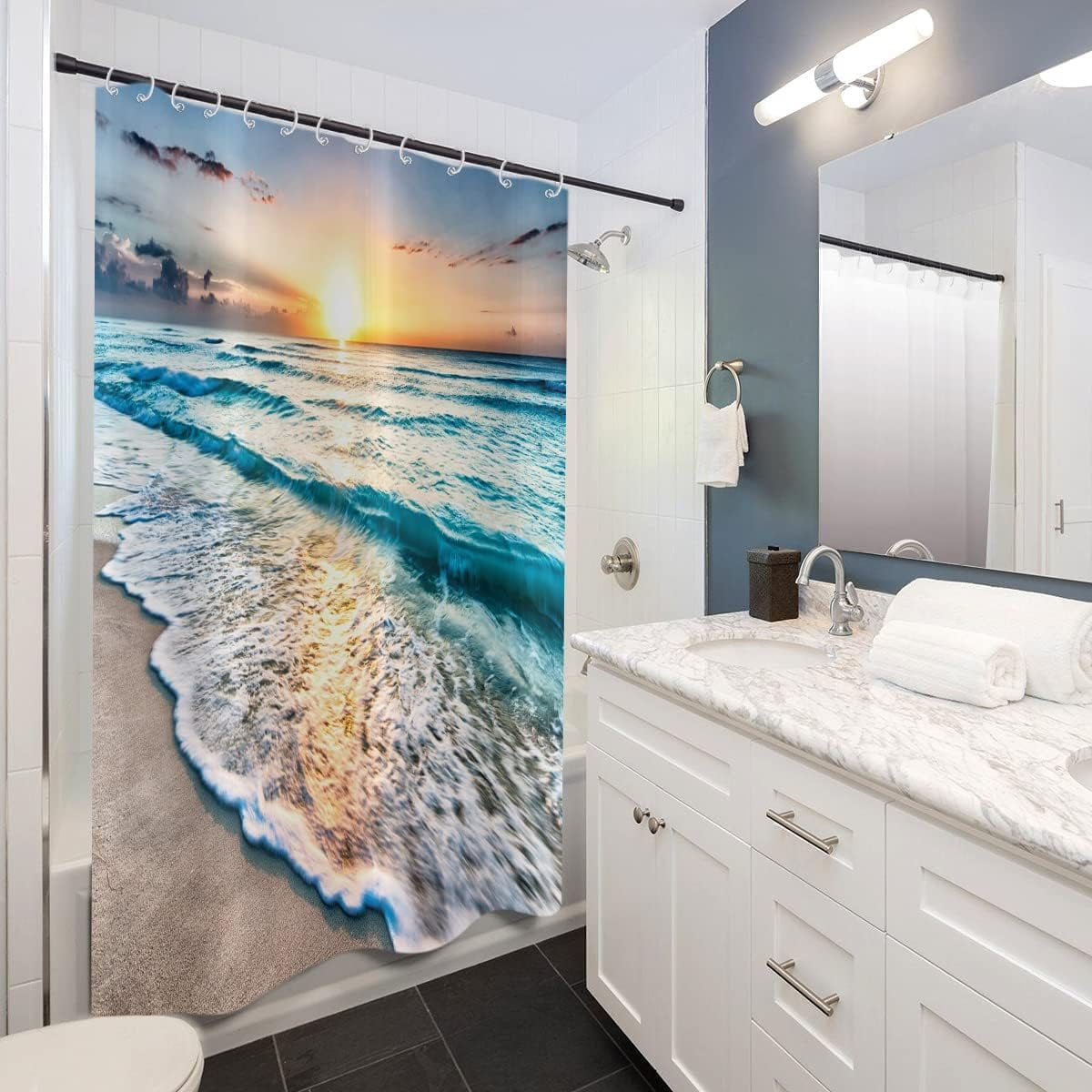 Ocean Beach Shower Curtain, Summer Tropical Ocean Waves Sunset Coastal Hawaii Cool Sea Seaside Scene Island Bathroom Curtain Waterproof Fabric Machine Washable with 12 Hooks
