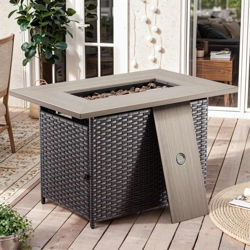 PARKWELL Outdoor Fire Pit 41" 50000 BTU Patio Propane Gas Fire Pit Table with Lava Rocks and Lid,Brown Wicker Firepit Faux Wood Tabletop
