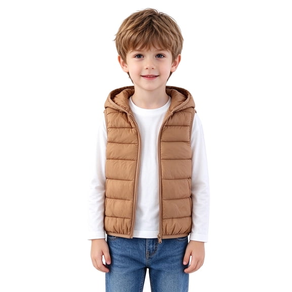 Kids Bear Ear Hooded Puffer Vest Boys Girls Sleeveless Quilted Warm Gilet Full Zip Lightweight Padded Vest for Toddlers Fall Winter School Daily Outdoor Wear(5-6 Years,Brown)