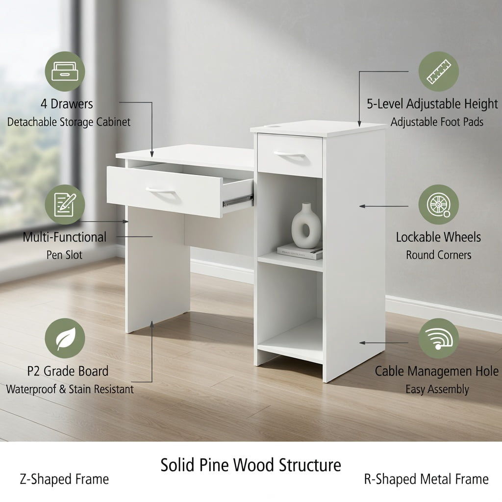 Yardi Yard Computer Desk Modern Laptop PC Desk with Adjustable Shelf and Cable Hole-White, Computer Desk, Gaming Computer Desks for Study,Working,Writing