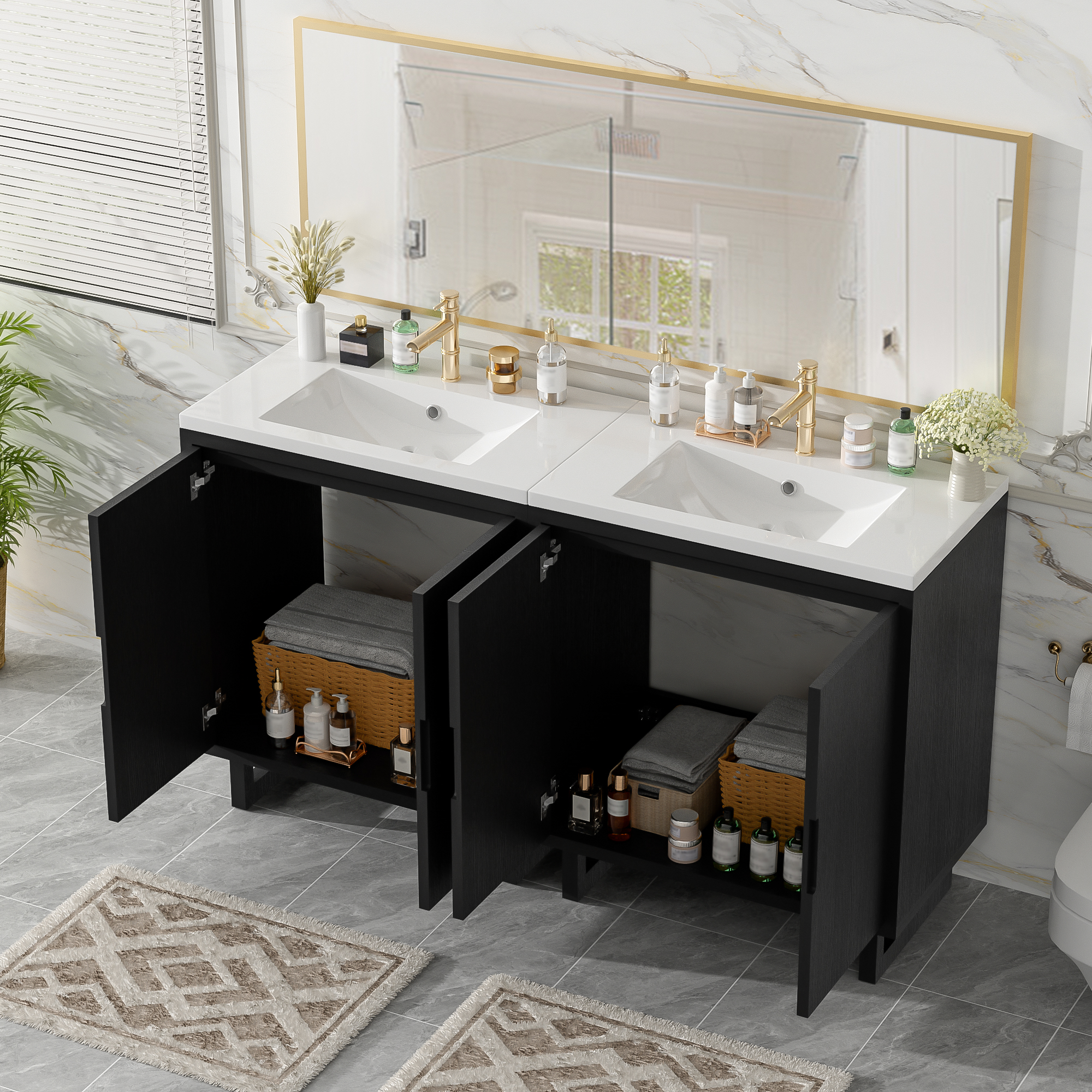 Euroco 60.2" Bathroom vanity Set with Sink, Combo Cabinet, Bathroom Storage Cabinet, Solid Wood Frame