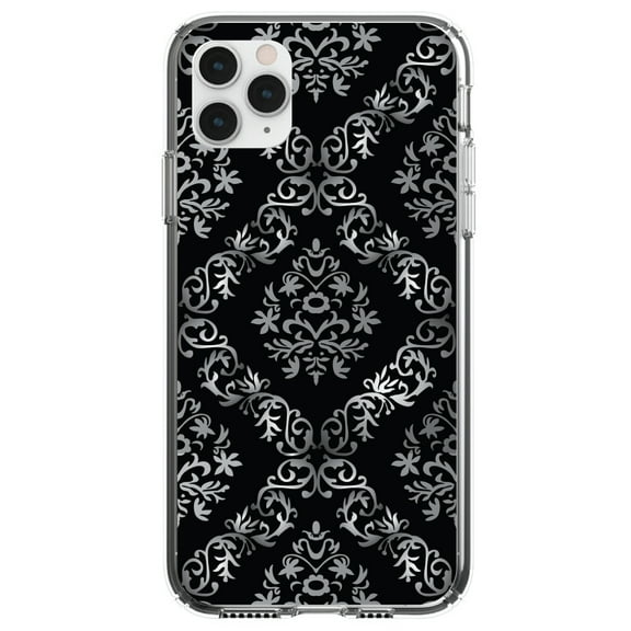 DistinctInk Clear Shockproof Hybrid Case for iPhone 13 (6.1" Screen) - TPU Bumper, Acrylic Back, Tempered Glass Screen Protector - Black White Silver Grey Damask - Floral Damask Pattern