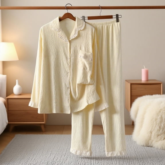 ZunFeo Women's Cotton Pajama Set - Two Piece Long Sleeve Sleepwear with Ruffle Trim,Soft Breathable Loungewear for Sleep & Home,Yellow Size XL