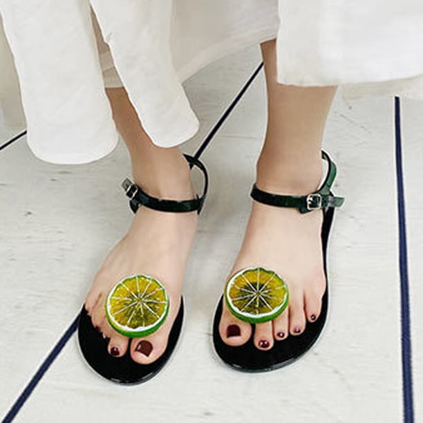 Sandalias planas de frutas para mujer Sandalias de tanga de moda Sandalias de playa de verano con correa de hebilla