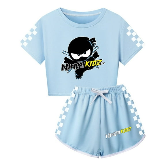 Ninja Kidz Girls Summer Set – Kids Cute Crop Top with Checker Sleeves and Matching Shorts