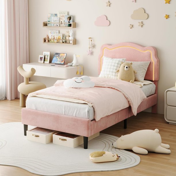 Yeshouse cama de plataforma terciopelo Princess, cabecera LED inteligente, cajón de almacenamiento, soporte de listones de madera, sin muelle de caja