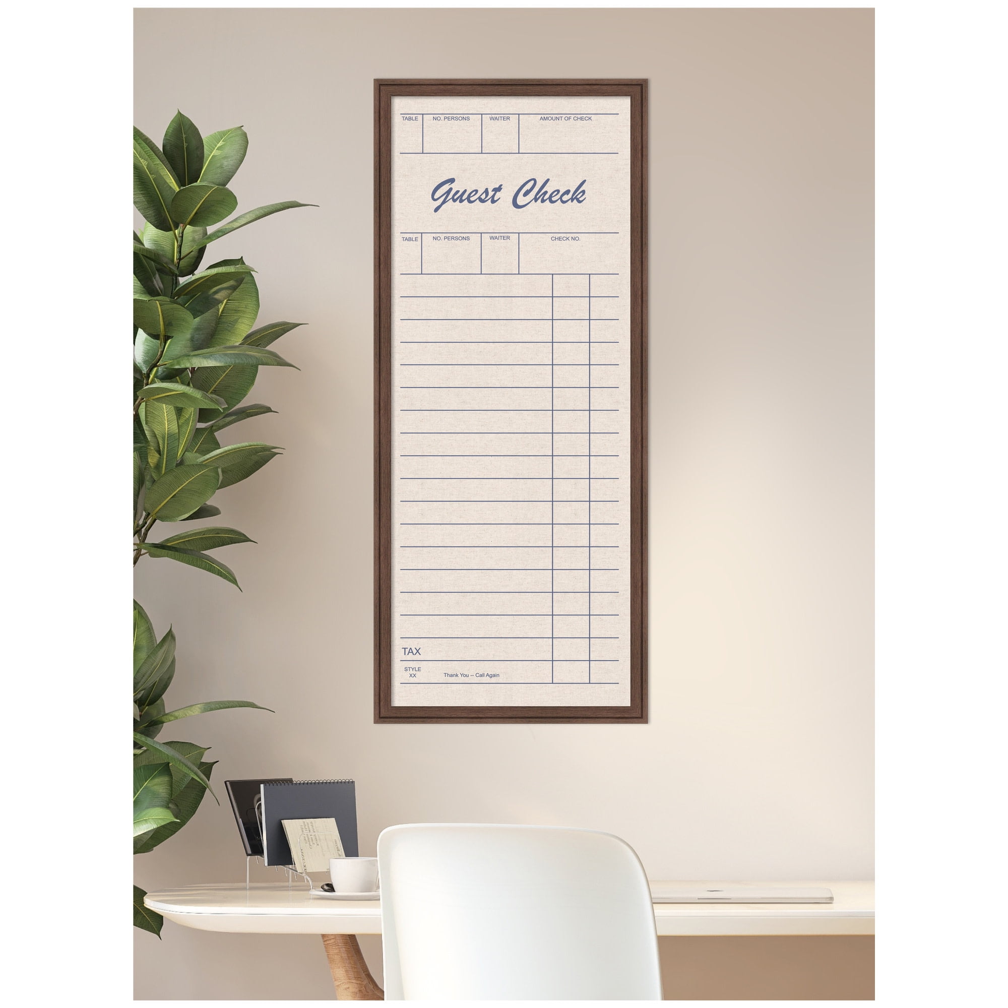Kate and Laurel Framed Fabric Pinboard 18 x 42, Linen Guest Check Printed Linen Classic Bulletin Board for Use as a Vision Board or Wall Organization, Florence Medium Brown Frame