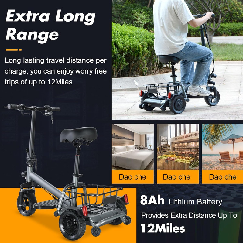 3 Wheel Mobility Scooters for Seniors, Lightweight Foldable Motorize Scooter with 300W Motor, Basket and Light, 43 lbs, 12 Miles Range