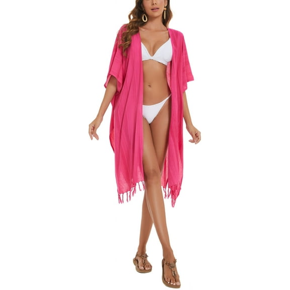 Beautybatik Fuchsia Women HIPPIE Gypsy Stripe Printed Kimono Cardigan Shawl Wrap Swimsuit Cover Up Jacket One Size