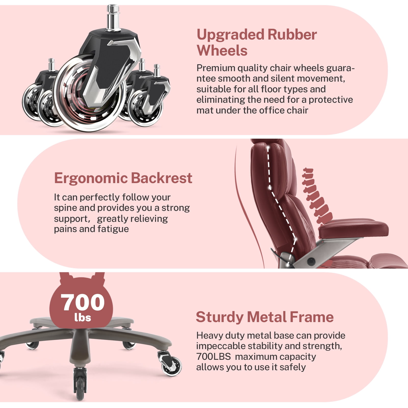 WOSDOM 700lbs Big and Tall Office Chair, Heavy Duty Executive Chair, Extra Wide Seat, Adjustable Headrest and Lumbar Support, 3D Flip up Arms, Burgundy