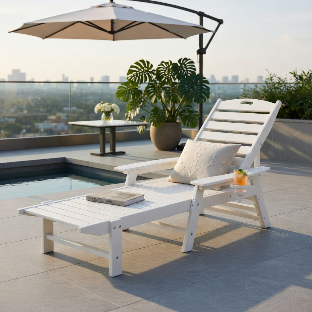 Hommoo HDPE Outdoor Chaise Lounge Chair with 4-Position Adjustable Backrest, Weather-Resistant Patio Lounger for Poolside, Backyard & Porch, White