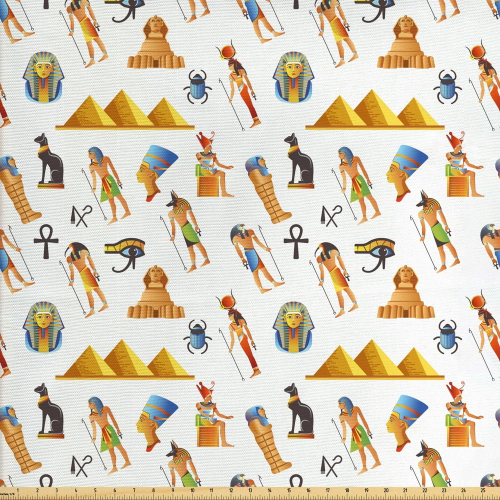 Travel Fabric by The Yard, Egyptian Themed Mythological Signs Pyramids