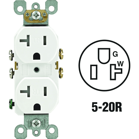 Leviton 20A Duplex Receptacle in White — UL Listed for US Residential Electrical Code Compliance, Drop-in NEC-Standard Wiring