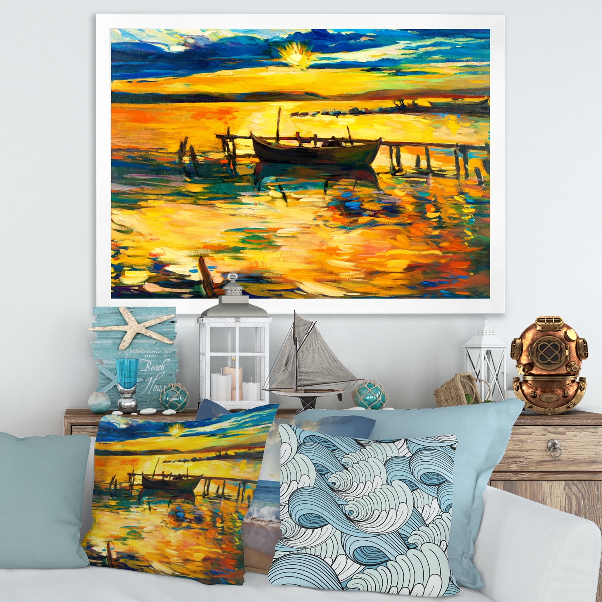 Boat At The Lake During Evening Glow VI 32 in x 16 in Framed Painting Canvas Art Print, by Designart