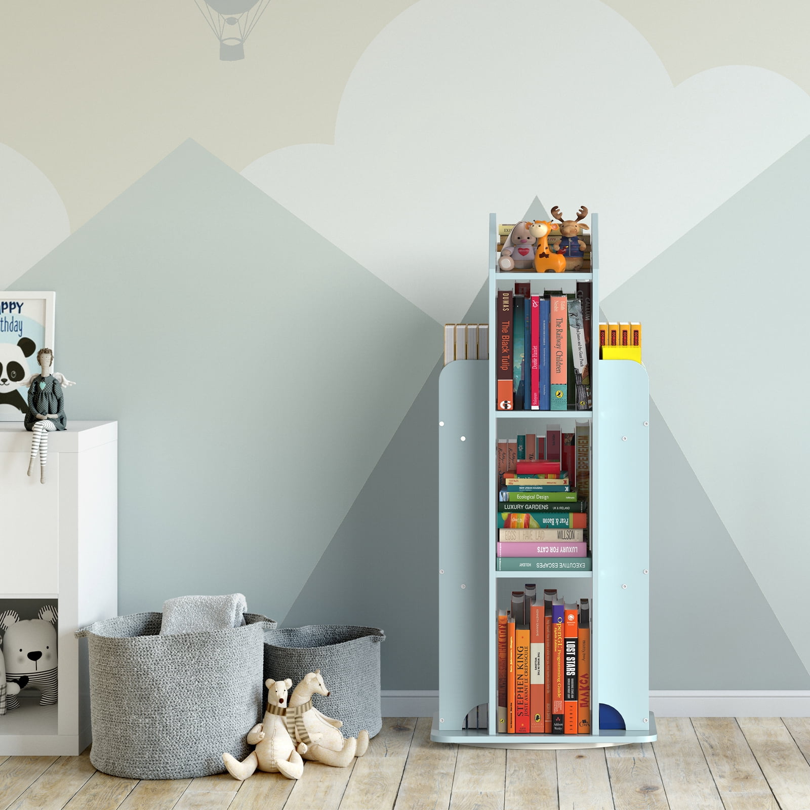 360° Rotating Kids Bookshelf, Blue Engineered Wood House-Shaped Bookcase, 38in Tall Storage Organizer for Bedroom, Playroom, Living Room