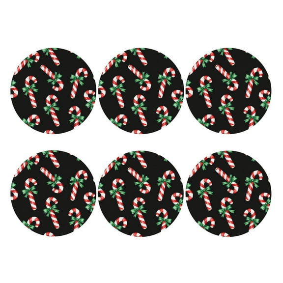 Christmas Candy Cane Leather Drinks Coasters Suitable for Various Cups Set of 6 Round Shape