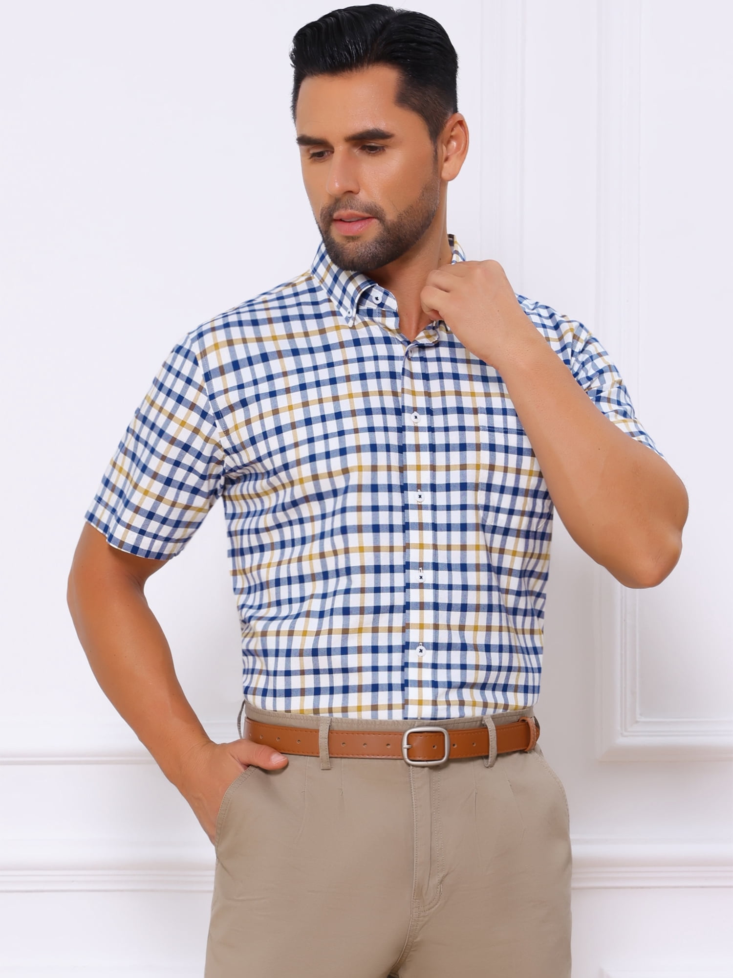 DARING DIVA Men's Point Collar Short Sleeve Button Business Plaid Shirts XL Blue Yellow