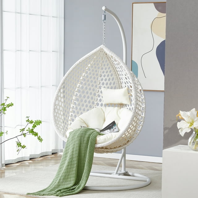 Noble House 76.8" Hand Woven Imitation Rattan Hanging Basket Chair,White