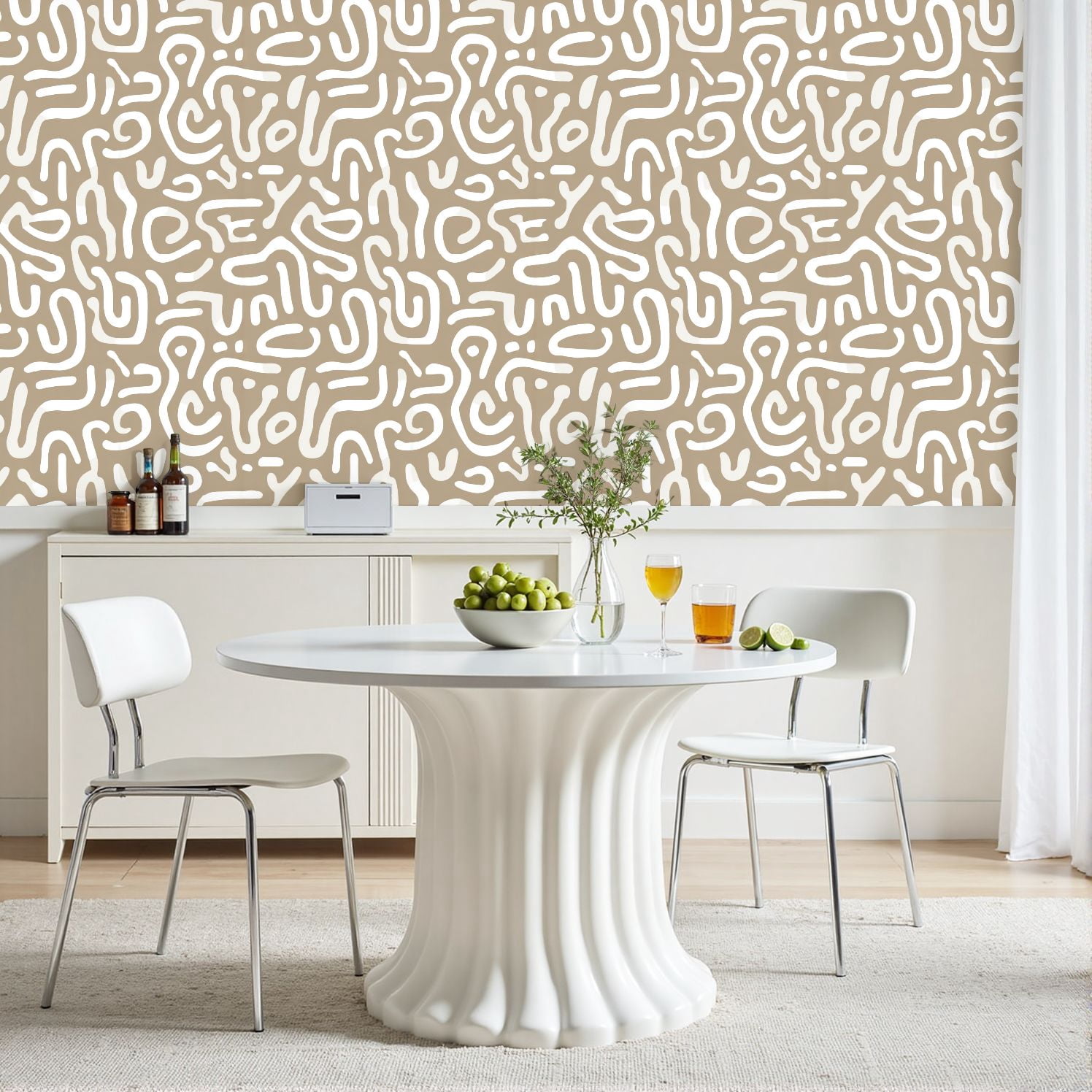 Peel and Stick Wallpaper Abstract Beige White Curvy Lines Design 24in x 118in Contact Paper Removable Self Adhesive Wall Mural Wall Decor for Bedroom Kitchen Cabinets