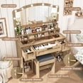 thumbnail image 5 of FANGSUM Farmhouse Vanity Desk with Large Lighted Mirror and 10 Lights, 43.3" Glass Tabletop Makeup Vanity with 3 Drawers, Large Vanity Tabel Set with Long Shelf, 2 Cabinets and Stool, 5 of 7