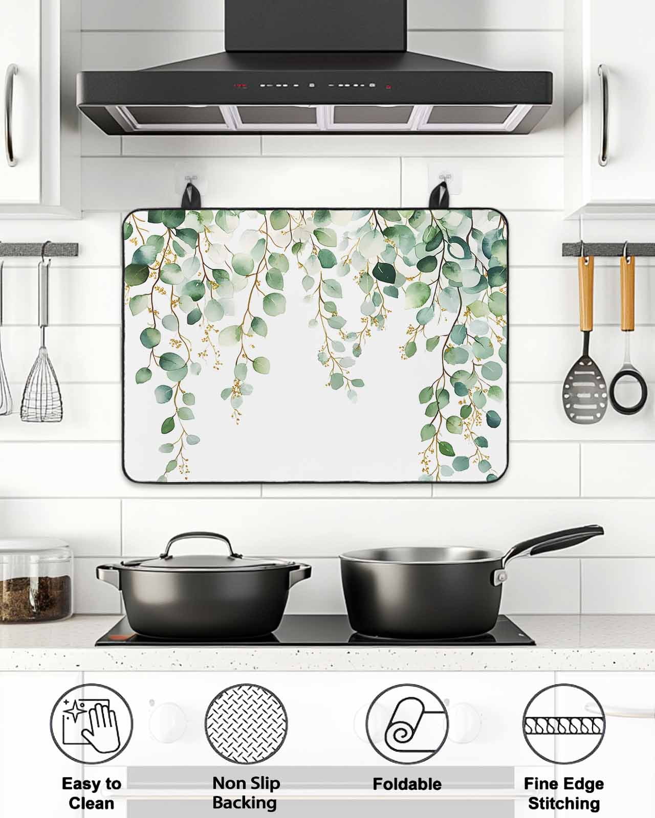 Stove Top Covers for Electric Stove, Eucalyptus Leaves Glass Stovetop Cover Protector, Teal Botanical Summer Watercolor Induction Cooktop Protector Oven Mat for Kitchen Countertop 24"x21"