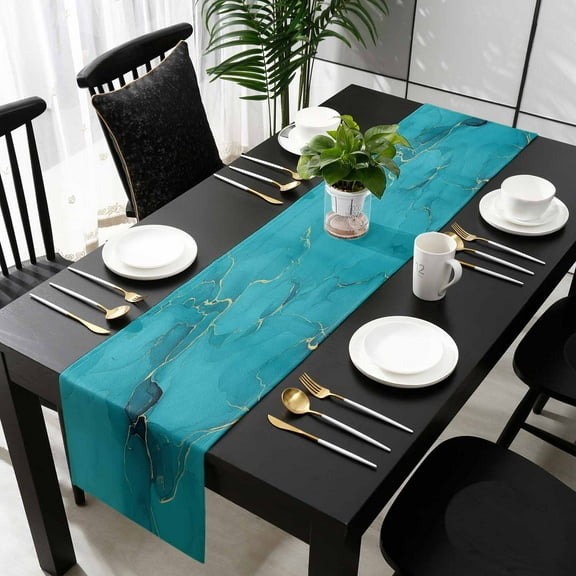 Turquoise Marble Cotton Linen Table Runner 16 x 72 inch Minimalist Abstract Golden Fluid Art Non-slip Rectangular Dining Table Decor for Wedding Party Holiday Dinner