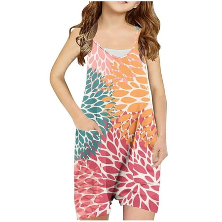 AJTQTH Rompers for Girls Cute Floral Printed Jumpsuit V-Neck Spaghetti Straps Playsuit with Pockets for Summer School Casual Outdoor Travel Bodysuit Clothes Outfits Multicolor#03 13 Years