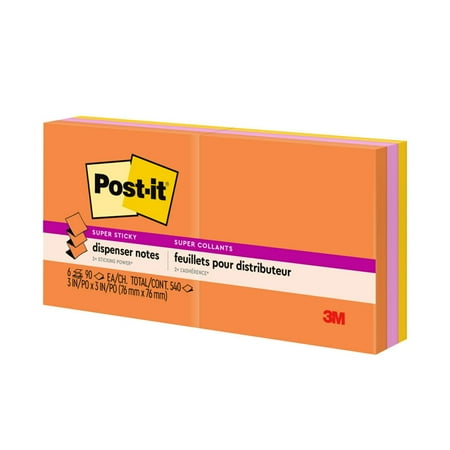 Post-it® Super Sticky Dispenser Notes, 3 in x 3 in, Energy Boost Collection, 6 Pads/Pack