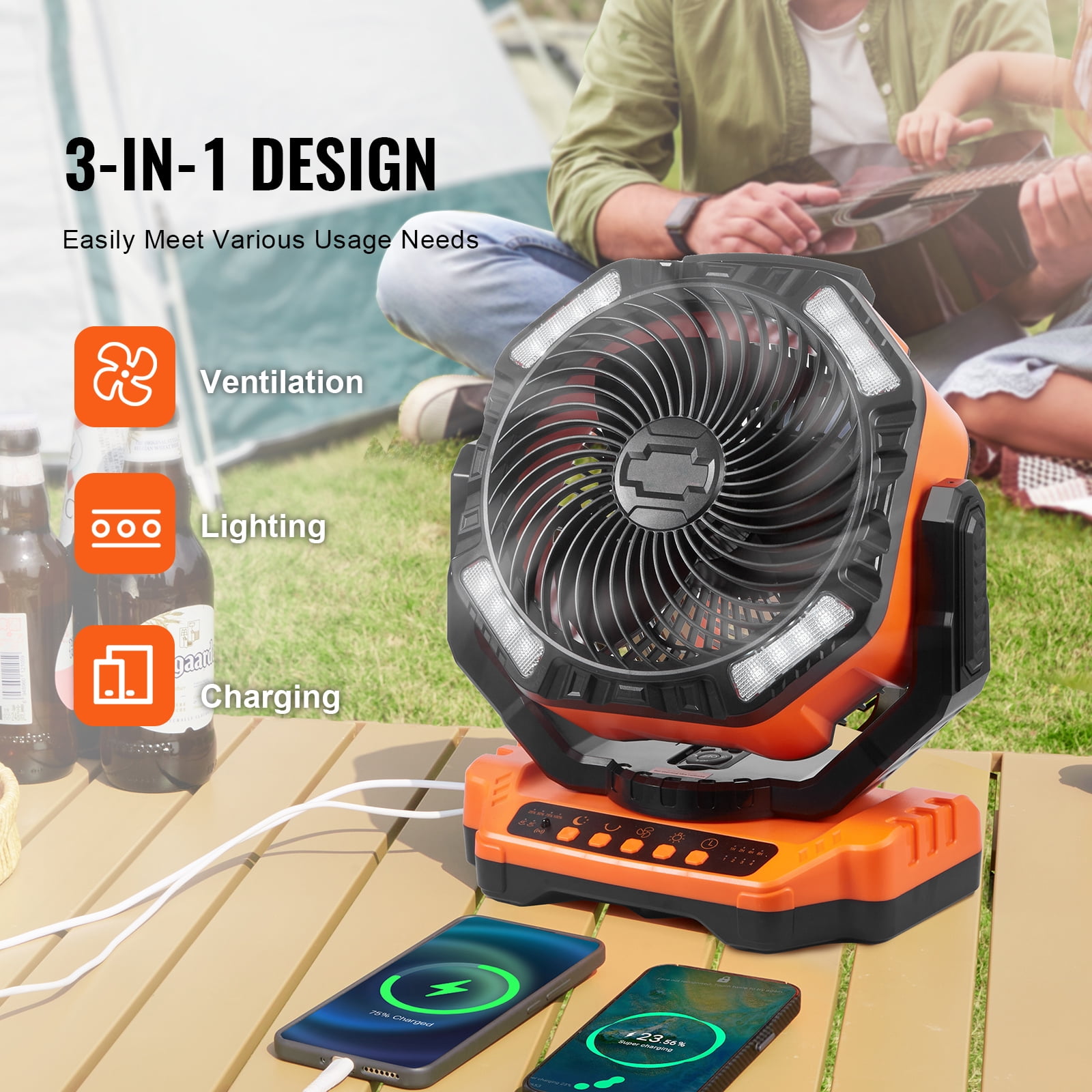 SKYSHALO 13 inch Camping Tent Fan, 2000mAh Portable Fan with Hook for Tents, Rechargeable Auto Oscillating with LED Lantern 4 Speeds Adjustable, Swivel Timer