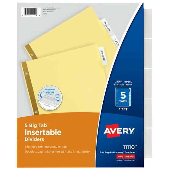 Avery Insertable Paper Divider, Clear, Big Tab, 5-Tab (11110)