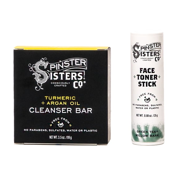 2 Pack - Spinster Sisters - Face Cleanser Bar & Face Toner Stick Set - Natural Skin Care with Turmeric Argan Oil and Green Tea