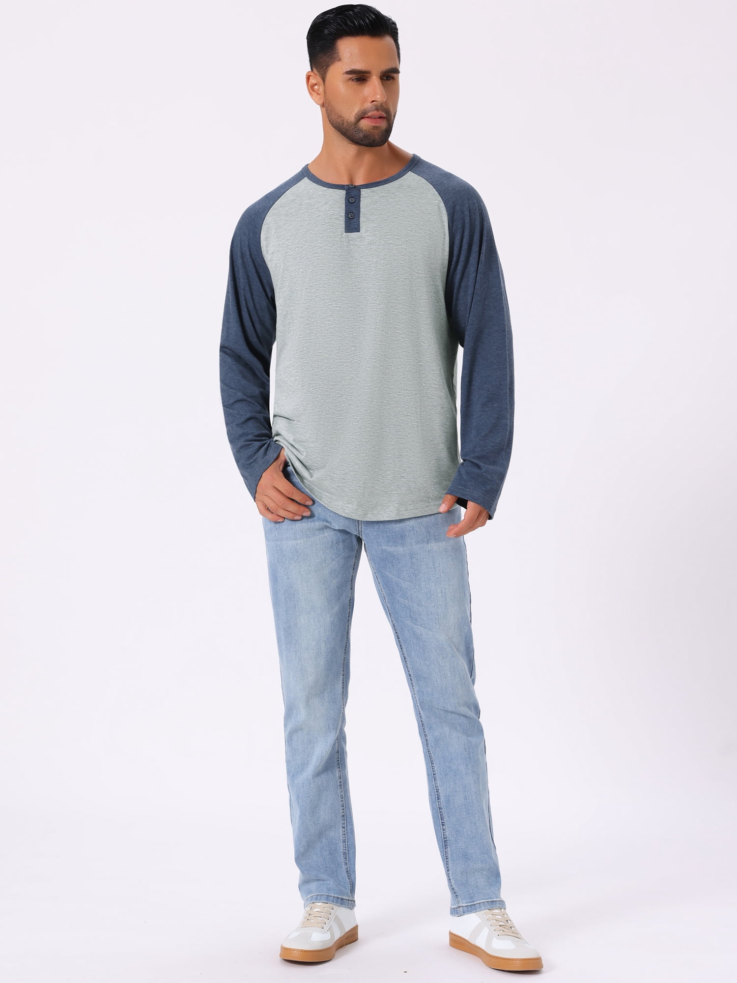 DARING DIVA Men's Raglan Long Sleeve Tee Shirt Baseball Henley T-Shirts 2XL Gray Navy