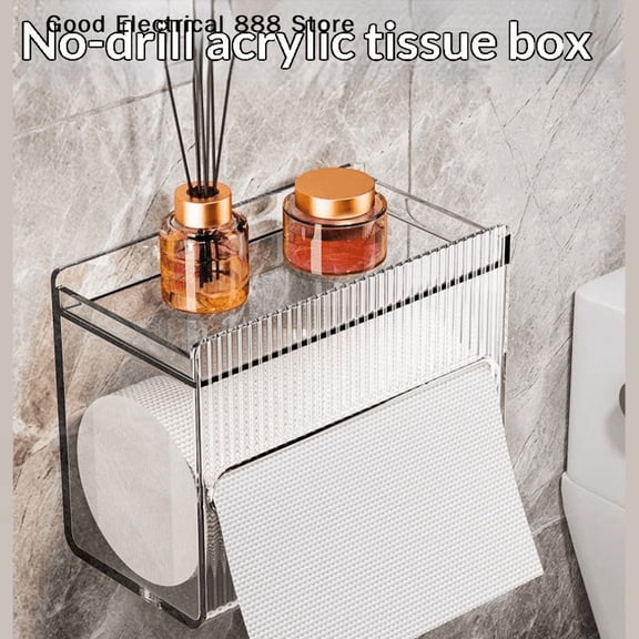 Clear Acrylic Wall Mounted Toilet Paper Holder with Phone Storage Shelf, Bathroom Tissue Roll Dispenser Organizer